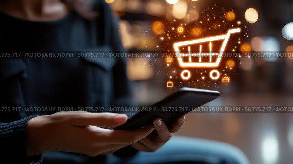 Woman using a smartphone for online shopping with a glowing digital cart icon, symbolizing e-commerce, mobile retail, and technology-driven consumer behavior. Стоковое AI-изображение, AI-художник Катерина Бондарец / Фотобанк Лори