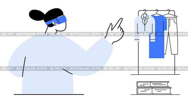 Woman using a virtual reality headset, pointing at a wardrobe with various clothes. Ideal for retail technology, virtual shopping, futuristic wardrobes, e-commerce, user experience, fashion tech. Woman Using Virtual Reality Headset to Choose Clothes from Wardrobe. Стоковая иллюстрация, агентство Ingram Publishing / Фотобанк Лори