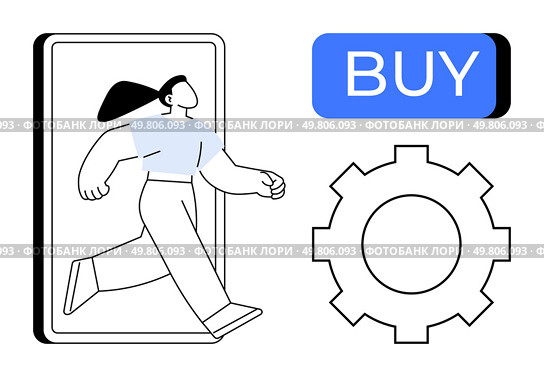 Woman walking out of smartphone screen suggesting ease of e-commerce, prominent blue BUY button, gear icon indicating settings or configuration. Ideal for online shopping, technology services. Woman walking out of smartphone screen, blue BUY button, and gear icon representing online shopping setup. Стоковая иллюстрация, агентство Ingram Publishing / Фотобанк Лори