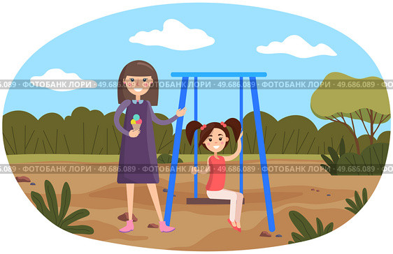 Woman walking with girl on slide swing at playing field. Outdoor family activities, joint pastime, recreation concept. Mom with child swinging on playground. Mother and daughter together on weekend. Mom with child swinging on playground. Mother and daughter walking together at playing field. Стоковая иллюстрация, агентство Ingram Publishing / Фотобанк Лори