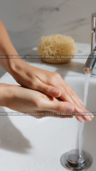 Woman washing hands step by step in bathroom sink. Стоковое AI-видео, аниматор Юрий Поздников / Фотобанк Лори