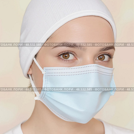 Woman wearing a blue mask, highlighting health and safety practices. Стоковое AI-изображение, AI-художник Екатерина Борисова / Фотобанк Лори