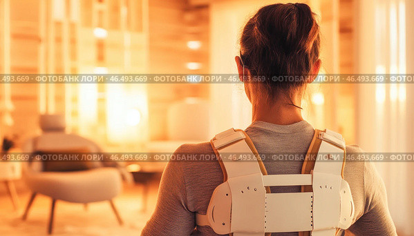 Woman wearing posture corrector brace at home standing in living room. Стоковое AI-изображение, AI-художник Юрий Поздников / Фотобанк Лори