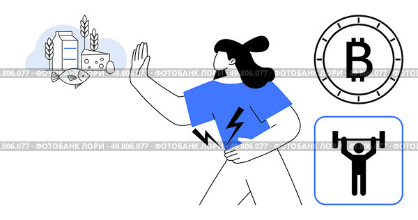 Woman with a hand out rejecting unhealthy foods while holding her stomach in pain, technology Bitcoin symbol , and fitness weightlifting icons. Ideal for health, fitness, diet, digital currency. Woman rejecting unhealthy foods with hands while holding stomach, surrounded by technology and fitness icons. Стоковая иллюстрация, агентство Ingram Publishing / Фотобанк Лори