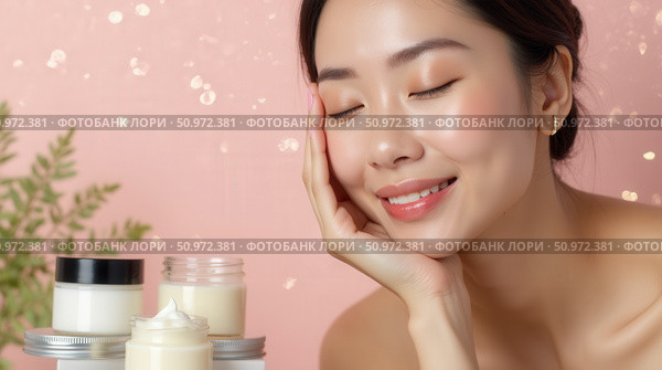 Woman with a relaxed expression enjoys skincare routine, surrounded by jars of cream, on a soft pink background. Highlighting self-care and beauty products. Стоковое AI-изображение, AI-художник lyudmila Soloveva / Фотобанк Лори