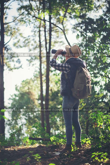 Woman with Binoculars walking in the forest . Стоковое фото, агентство Ingram Publishing / Фотобанк Лори