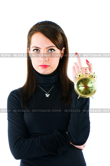 Woman with clock isolated on the white. Стоковое фото, агентство Ingram Publishing / Фотобанк Лори