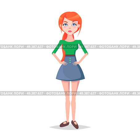 Woman with hands on waist isolated on white. Frustrated redhead girl avatar userpic in flat style design. Vector illustration of upset human emotion in green blouse and blue skirt. Angry lady. Woman with Hands on Waist Isolated on White Vector. Стоковая иллюстрация, агентство Ingram Publishing / Фотобанк Лори