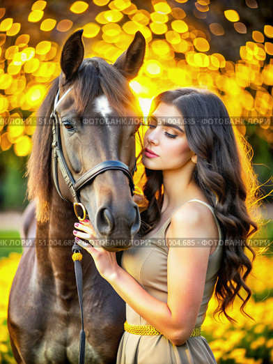 Woman With Long Brown Hair and Olive Eyes Tenderly Touches a Dark Horse in a Field. Generative AI. Стоковое AI-изображение, AI-художник Roman Zavorotny / Фотобанк Лори