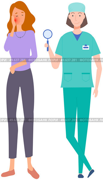 Woman with pain in mouth in consultation with doctor. Dentist consults patient with toothache. Painful sensations of sick person. Female patient touching her cheeck and feeling pain in tooth. Woman with pain in mouth in consultation with doctor. Dentist consults patient with toothache. Стоковая иллюстрация, агентство Ingram Publishing / Фотобанк Лори