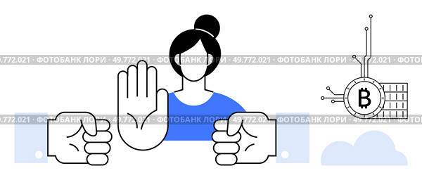 Woman with raised hand stopping two fists representing conflict or disagreement. Bitcoin symbol at the side indicating financial disagreement. Ideal for mediation conflict resolution financial. Woman Stopping Conflict Between Two Fists With Bitcoin Symbol. Стоковая иллюстрация, агентство Ingram Publishing / Фотобанк Лори