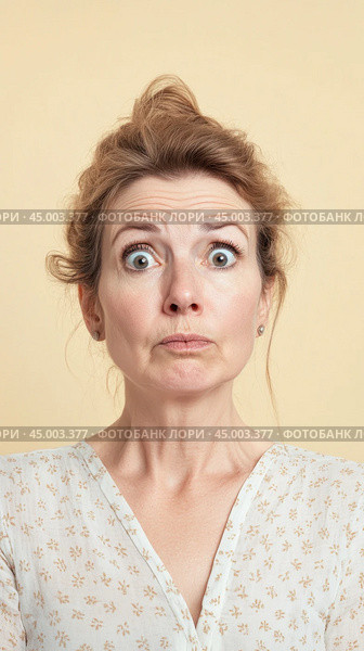 Woman with surprised exaggerated expression on neutral background. Стоковое AI-изображение, AI-художник Анастасия Золотницкая / Фотобанк Лори