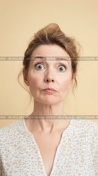Woman with surprised exaggerated expression on neutral background. Стоковое AI-изображение, AI-художник Анастасия Золотницкая / Фотобанк Лори