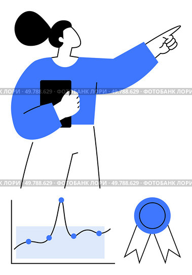 Woman with tablet points forward suggesting growth. Graph indicates progress. Medal symbolizes success. Ideal for leadership strategy progress, motivation, achievement, innovation, growth. Line. Visionary Leadership Achieving Success Through Focused Strategy and Analysis. Стоковая иллюстрация, агентство Ingram Publishing / Фотобанк Лори