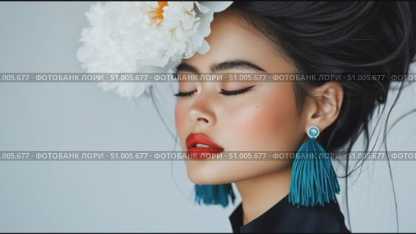Woman with vibrant makeup and floral decoration showcases elegance in a beauty shoot. Стоковое AI-видео, аниматор Сергей Толмачёв / Фотобанк Лори