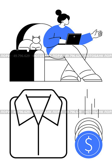 Woman working on a laptop while a cat rests beside her. Adjacent icons include a shirt and falling coins. Ideal for remote work, freelancing, home office setup, business finance, e-commerce. Woman Working Remotely with Laptop, Cat Lounging Nearby, Shirt Icon, Falling Coins Depicting Earnings. Стоковая иллюстрация, агентство Ingram Publishing / Фотобанк Лори