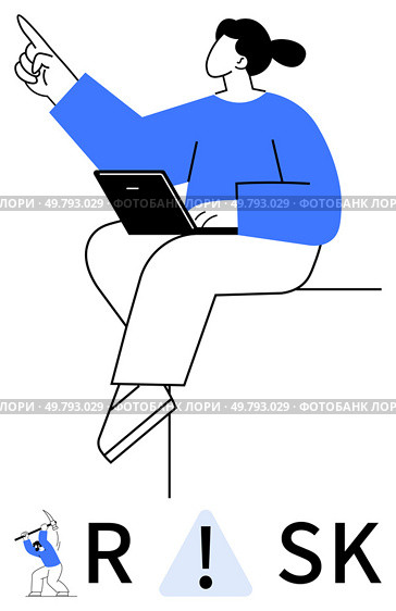 Woman working on laptop, pointing forward, symbolizing direction or progress, with Risk text emphasizing potential hazards. Ideal for business, decision-making, caution, leadership, strategy. Woman on laptop pointing forward with Risk text indicating potential hazards and caution. Стоковая иллюстрация, агентство Ingram Publishing / Фотобанк Лори