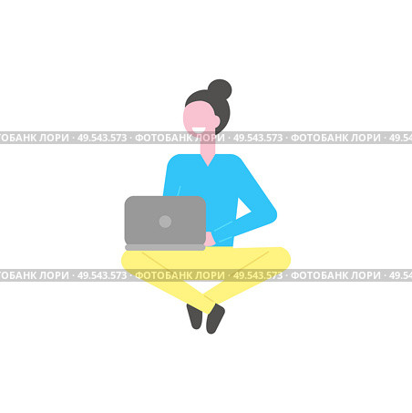 Woman working with laptop vector isolated cartoon person. Girl sits with notebook, campus student isolated cartoon character. Attractive college learner on white. Woman Working with Laptop Vector Isolated Person. Стоковая иллюстрация, агентство Ingram Publishing / Фотобанк Лори