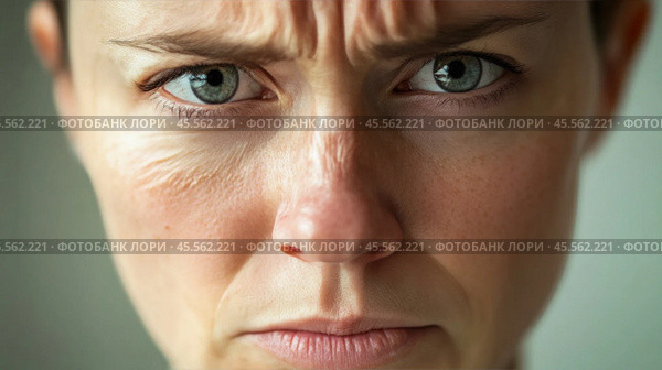 Woman wrinkling her forehead showing anger and disapproval. Стоковое AI-изображение, AI-художник Юрий Поздников / Фотобанк Лори