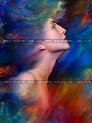 Woman’s World series. Abstract design made of female portrait fused with vibrant paint on the subject of feelings, emotions, inner world, creativity and imagination. Стоковое фото, агентство Ingram Publishing / Фотобанк Лори