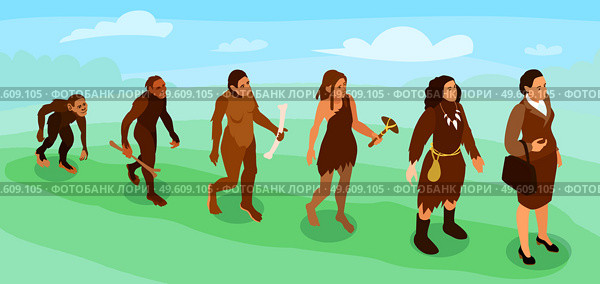 Women career evolution isometric banner with female cartoon characters from prehistoric ancestor to businesswoman vector illustration. Women Evolution Isometric Banner. Стоковая иллюстрация, агентство Ingram Publishing / Фотобанк Лори