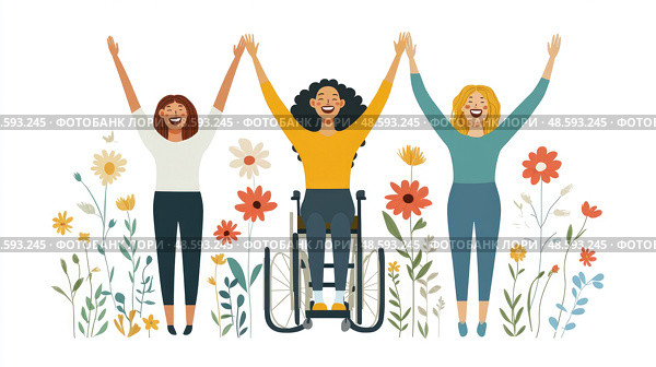 Women express joy together in a vibrant garden, symbolizing empowerment and support, while embracing diversity and inclusivity. Стоковое AI-изображение, AI-художник Данила Большаков / Фотобанк Лори