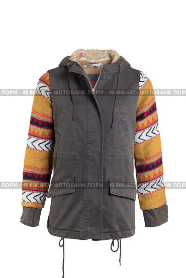 Women's jacket with knitted sleeves on a white background.Женский жакет с вязаными рукавами на белом фоне. Стоковое фото, фотограф Александр Рыбалка / Фотобанк Лори