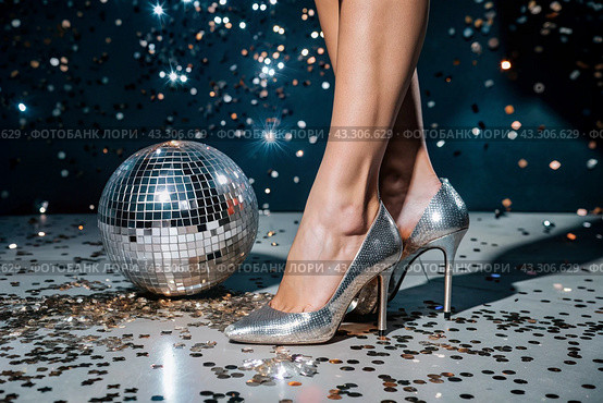 Women's legs in luxurious shiny pumps with heels at a party or disco on the background of a silver mirrored disco ball. The queen of the dance floor. Стоковое AI-изображение, AI-художник Photojuli / Фотобанк Лори