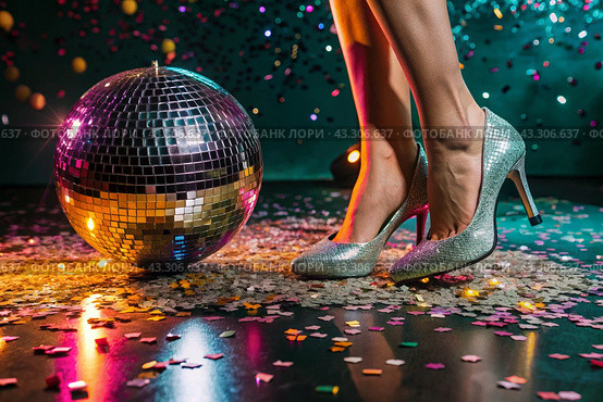 Women's legs in luxurious shiny pumps with heels at a party or disco on the background of a silver mirrored disco ball. The queen of the dance floor. Стоковое AI-изображение, AI-художник Photojuli / Фотобанк Лори