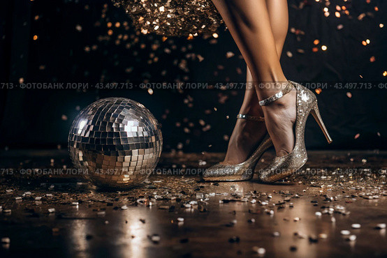 Women's legs in luxurious shiny pumps with heels at a party or disco on the background of a silver mirrored disco ball. The queen of the dance floor. Стоковое AI-изображение, AI-художник Photojuli / Фотобанк Лори