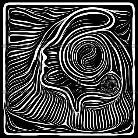 Woodcut Composition. Life Lines series. Arrangement of human profile and woodcut pattern on the subject of human drama, poetry and inner symbols. Стоковое фото, агентство Ingram Publishing / Фотобанк Лори