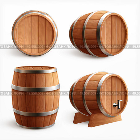 Wooden barrels realistic set with four isolated images of oak casks with timber body and faucet vector illustration. Стоковая иллюстрация, агентство Ingram Publishing / Фотобанк Лори