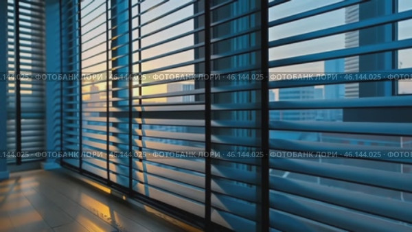 Wooden blinds on large windows, sunlight. Elegant living room interior with houseplants, wood blinds. Motorized jalousie in the smart house. Modern window shutters, roller. Duo system day and night. Стоковое AI-видео, аниматор Марина Демидюк / Фотобанк Лори