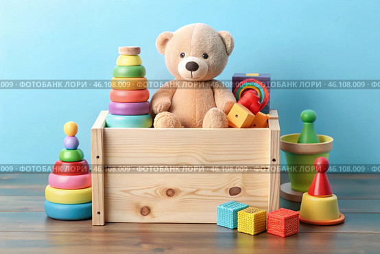 Wooden box with children's toys. A container with a teddy bear and educational wooden toys on a light blue background. Стоковое AI-изображение, AI-художник Photojuli / Фотобанк Лори