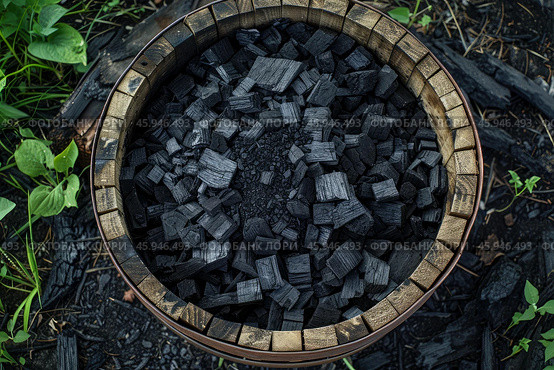 Wooden container full of charcoal briquettes standing on the ground. Стоковое AI-изображение, AI-художник Иван Рябоконь / Фотобанк Лори