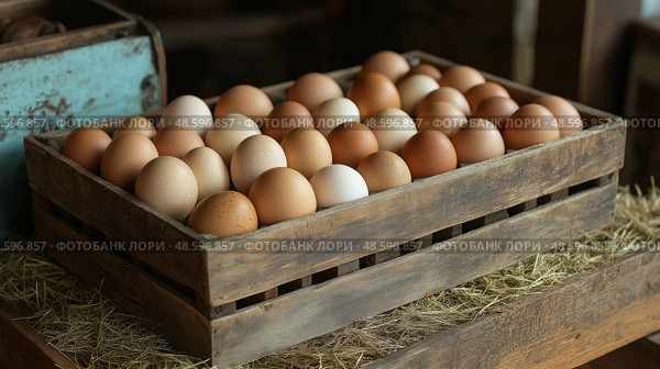Wooden crate filled with farm-fresh eggs placed on straw in a rustic setting. Деревянный ящик, наполненный свежими фермерскими яйцами, разложенными на соломе в деревенской обстановке. Стоковое AI-изображение, AI-художник Katsiaryna Repich / Фотобанк Лори