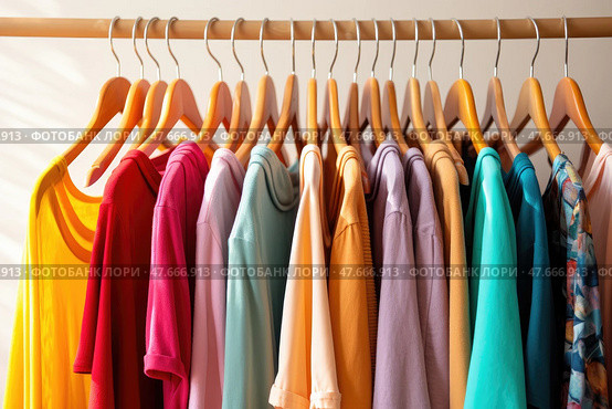 Wooden hangers with clothes on the rail in the store with women's clothing for sale. Shirt, dress, jacket, blouse. Flea market, second hand, discount, exchange, donation. Стоковое AI-изображение, AI-художник Оксана Гильман / Фотобанк Лори