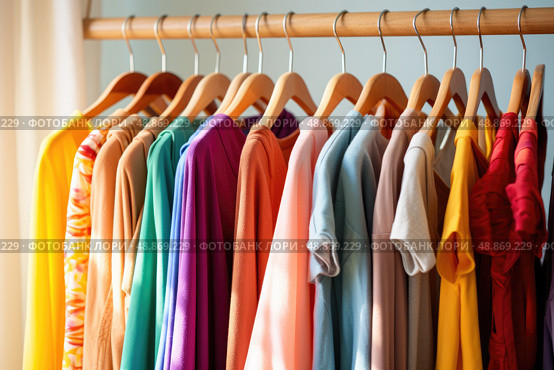 Wooden hangers with clothes on the rail in the store with women's clothing for sale. Shirt, dress, jacket, blouse. Flea market, second hand, discount, exchange, donation. Стоковое AI-изображение, AI-художник Оксана Гильман / Фотобанк Лори