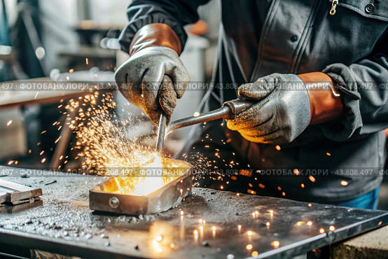 Work at the factory. Working professions. Men's hands in protective gloves with metal. There are sparks around. Hard work that requires high concentration and professionalism. Стоковое AI-изображение, AI-художник Photojuli / Фотобанк Лори