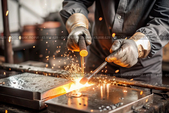 Work at the factory. Working professions. Men's hands in protective gloves with metal. There are sparks around. Hard work that requires high concentration and professionalism. Стоковое AI-изображение, AI-художник Photojuli / Фотобанк Лори