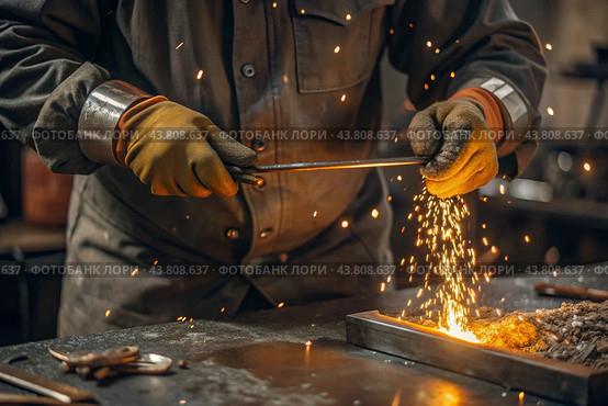 Work at the factory. Working professions. Men's hands in protective gloves with metal. There are sparks around. Hard work that requires high concentration and professionalism. Стоковое AI-изображение, AI-художник Photojuli / Фотобанк Лори