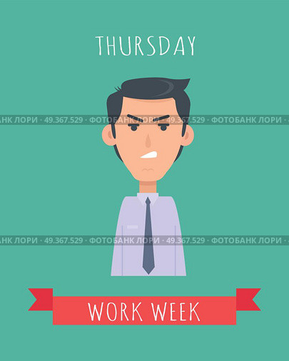 Work week emotive concept. Sad brunet man in shirt and tie angry flat vector illustration. Thursday negative mood. Office worker weekly efficiency calendar. Fatigue from working. Stressed employee. Work Week Emotive Vector Concept In Flat Design. Work Week Emotive Vector Concept In Flat Design. Стоковая иллюстрация, агентство Ingram Publishing / Фотобанк Лори
