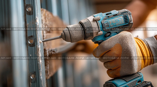 Worker drills metal frame with power tool in indoor construction site. Рабочий сверлит металлический каркас электроинструментом на крытой строительной площадке. Стоковое AI-изображение, AI-художник Katsiaryna Repich / Фотобанк Лори