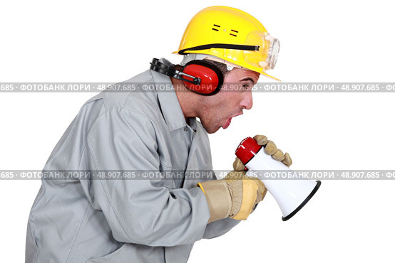Worker on loudhailer. Стоковое фото, агентство Ingram Publishing / Фотобанк Лори