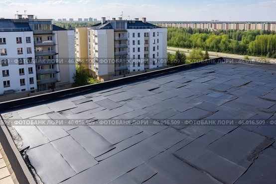 Workers are covering roof with roofing felt and bitumen. Стоковое AI-изображение, AI-художник Иван Рябоконь / Фотобанк Лори