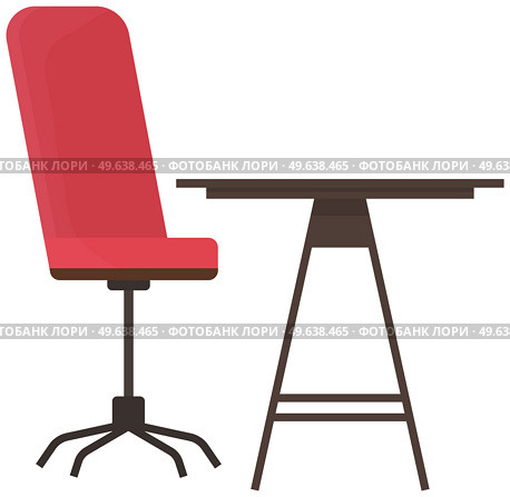 Workplace of company employee. Table and chair isolated on white background. Arrangement of furniture in workplace. High work desk and padded chair. Furniture elements of interior vector illustration. Arrangement of furniture in workplace. High work desk and padded chair, elements of interior. Стоковая иллюстрация, агентство Ingram Publishing / Фотобанк Лори