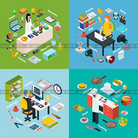 Workplaces Professions 2x2 Isometric Compositions. Isometric 2x2 compositions presenting different professions workplaces scientist reporter engineer and cook with their equipments vector illustration. Стоковая иллюстрация, агентство Ingram Publishing / Фотобанк Лори
