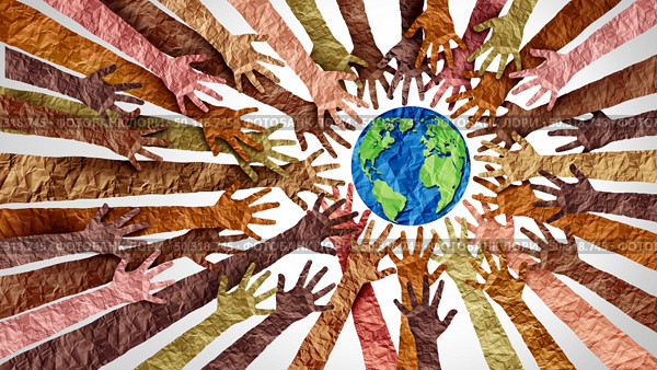 World culture earth day and global diversity and international cultures as a concept of diverse races and crowd cooperation symbol as hands holding together the planet earth in a 3D illustration style. Стоковое фото, агентство Ingram Publishing / Фотобанк Лори