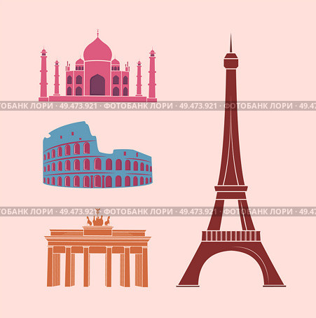 World famous sights and landmarks travel stickers. Indian Taj mahal, Roman Colosseum, German Triumphal arch, Paris Eiffel Tower vector illustrations.. World Famous Sights and Landmarks Travel Stickers. Стоковая иллюстрация, агентство Ingram Publishing / Фотобанк Лори