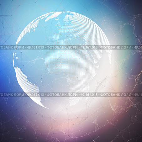 World globe on dark background with connecting lines and dots, polygonal linear texture. Global network connections, abstract futuristic geometric design, dig data technology digital concept.. World globe on dark background with connecting lines and dots, polygonal linear texture. Global network connections, abstract futuristic geometric design, dig data technology digital concept. Стоковая иллюстрация, агентство Ingram Publishing / Фотобанк Лори